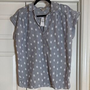 LOFT Outlet Navy and White Dot-Stripe Cap Sleeve Blouse NWT